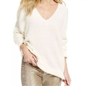 Free People Alpaca Blend Ivory Chunky Oversized Lofty V-Neck Sweater XS